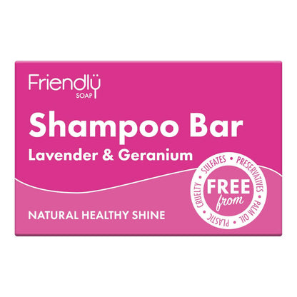 Pink packaging of Friendly Soap Shampoo Bar with lavender and geranium scent on a white background