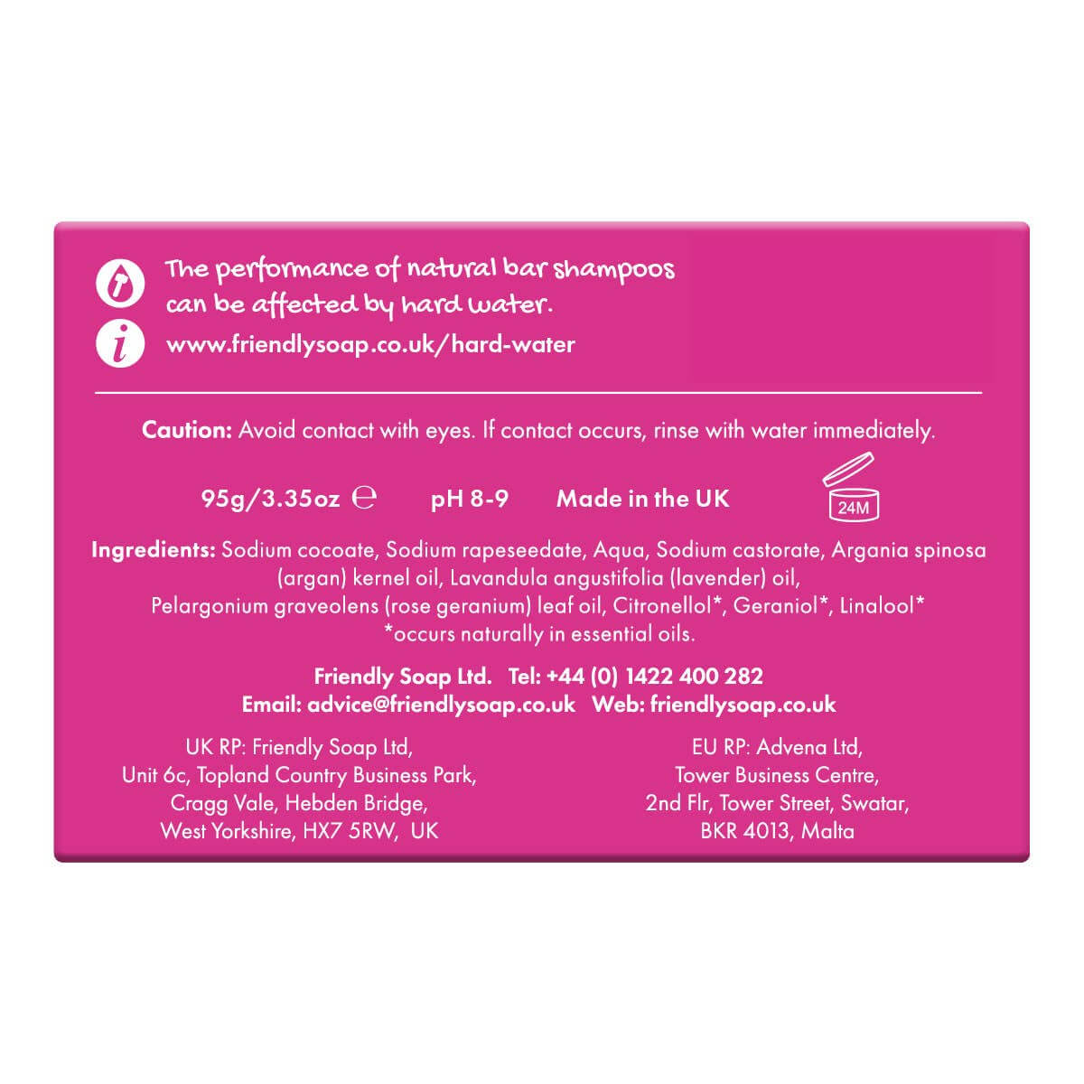 Pink label with text and product information on a white background
