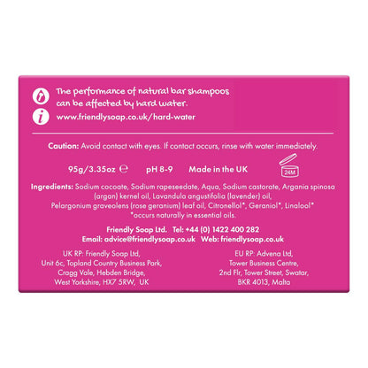 Pink label with text and product information on a white background