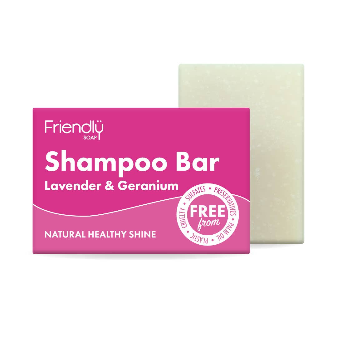 Shampoo bar with pink packaging labeled 'Friendly Soap' on a white background