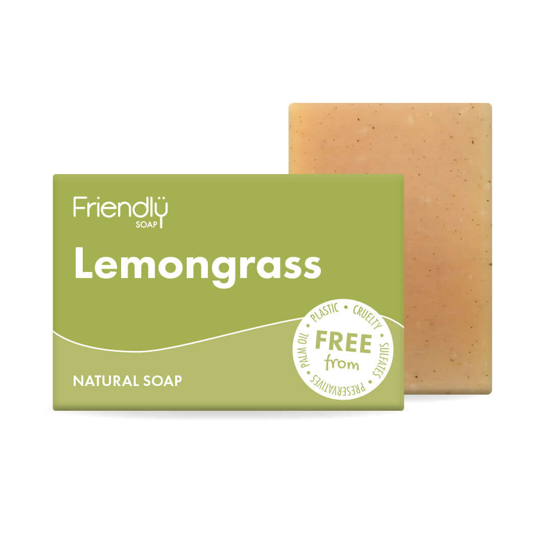 Lemongrass Natural Soap bar and packaging highlighting natural ingredients and eco-friendly message.