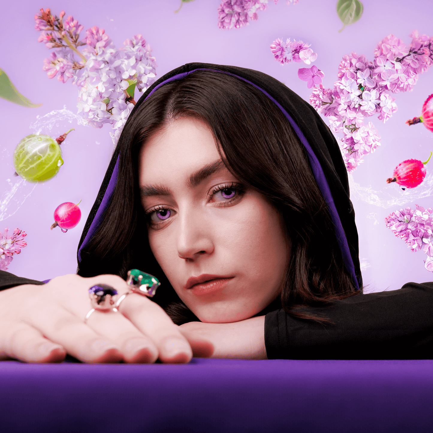 Lilacs & Gooseberries Fragrance 100ml showcased in a dark floral aesthetic with lilacs and gooseberries.