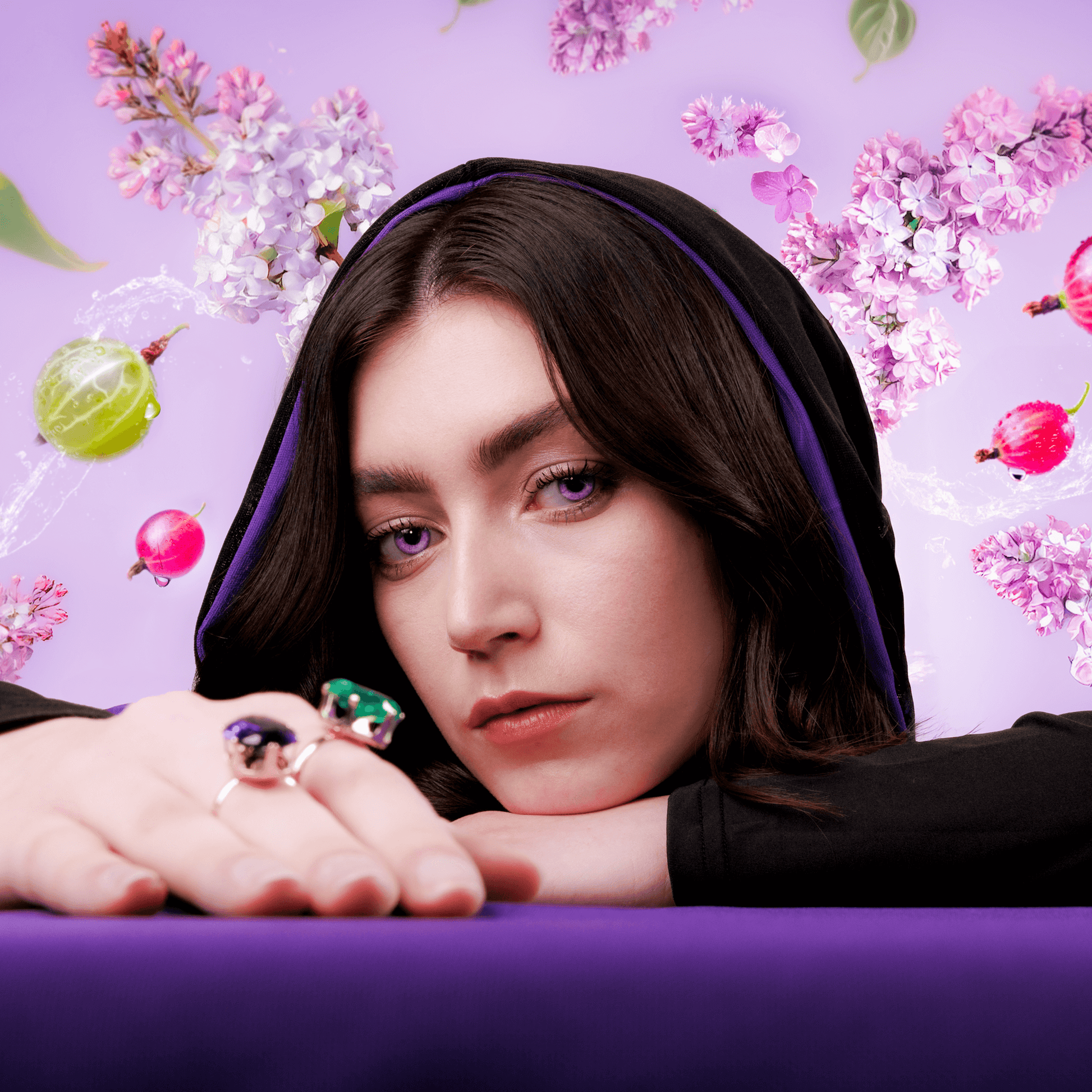 Lilacs & Gooseberries Fragrance 100ml showcased in a dark floral aesthetic with lilacs and gooseberries.