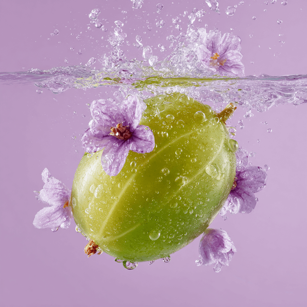 Lilacs & Gooseberries Fragrance 100ml with green gooseberries and lilac flowers splashing in water.