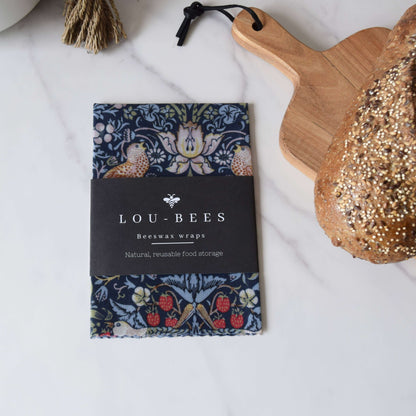William Morris Large Beeswax wrap singles packaging with natural reusable food storage on display.