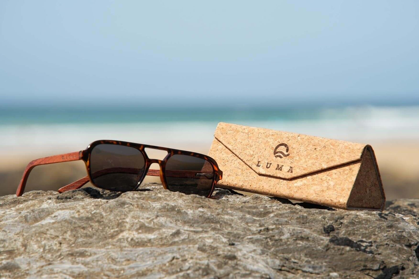 Luma Sunglasses - Bantham - Tortoise resting on a rock with a cork case, showcasing eco-friendly design by the beach.