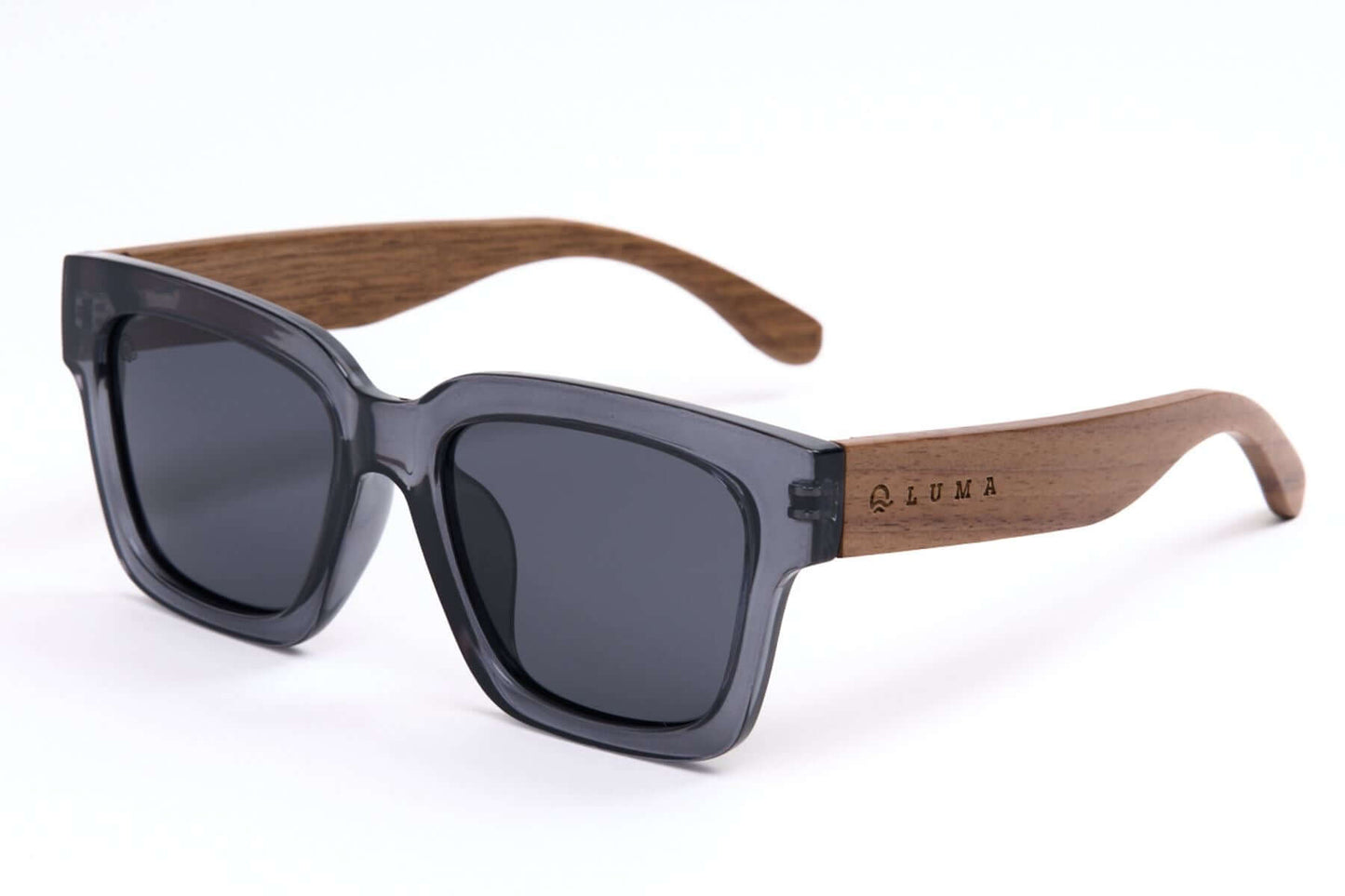 Luma Sunglasses - Polzeath - Smoke, eco-friendly wooden sunglasses with bold frames, available at online shop in UK.