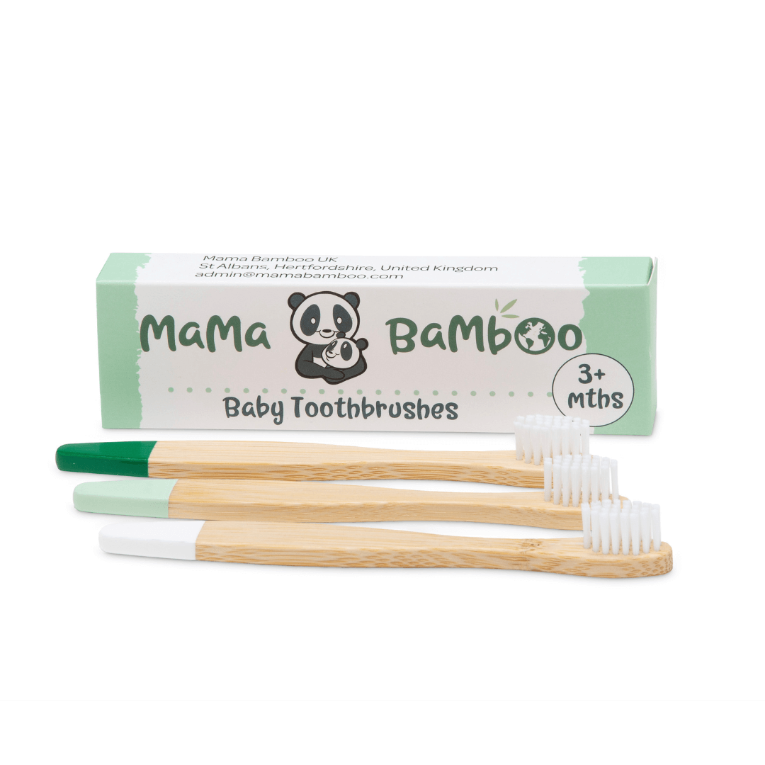 Mama Bamboo baby toothbrushes with packaging on a white background