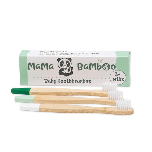 Mama Bamboo baby toothbrushes with packaging on a white background