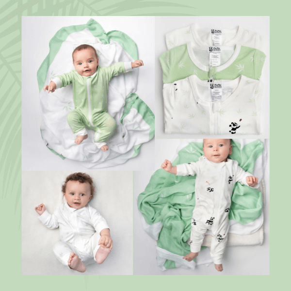 Collage of baby in green and white onesies with a green blanket on a light gray background.