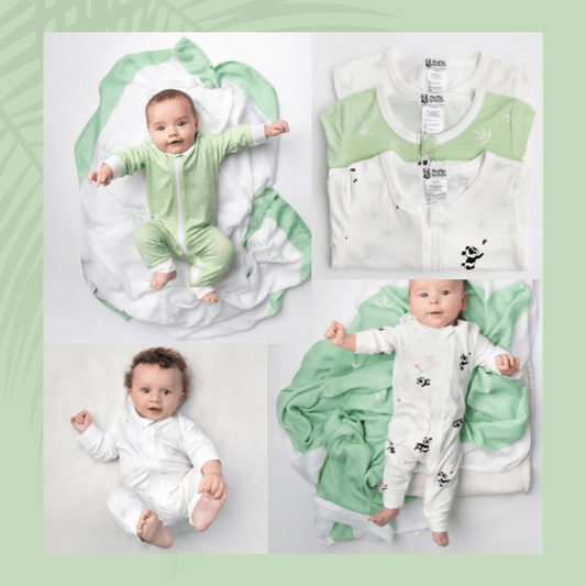 Collage of baby in green and white onesies with a green blanket on a light gray background.