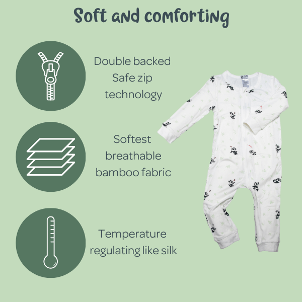 Baby onesie with features listed on a green background
