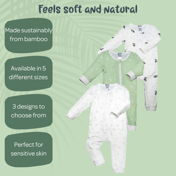 Baby clothing set with text highlighting sustainability, size availability, design options, and skin-friendliness on a green background.