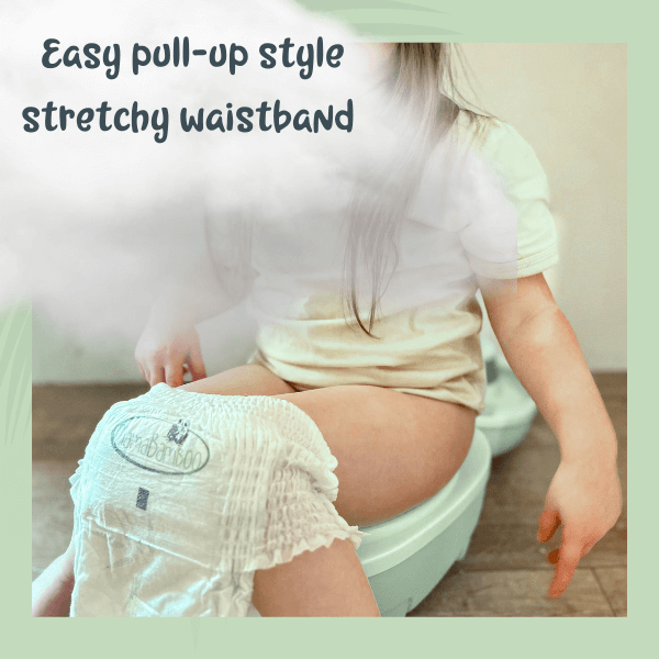 Child using a potty with a diaper, text 'Easy pull-up style stretchy waistband' on a light green border.