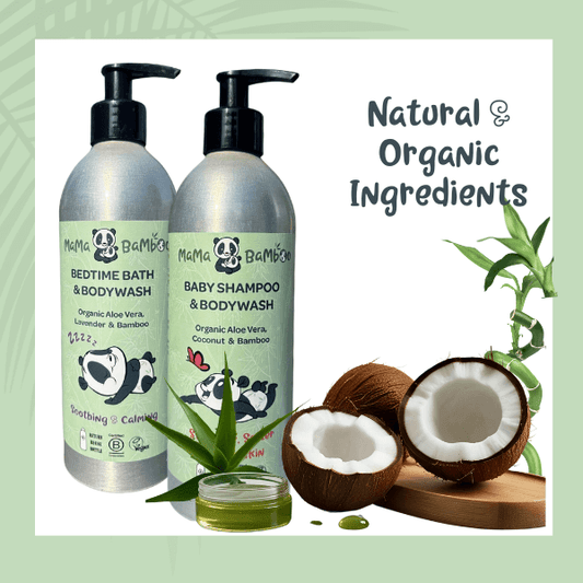 Two bottles of Mama Bamboo baby products with natural ingredients like coconuts and aloe vera on a light green background.