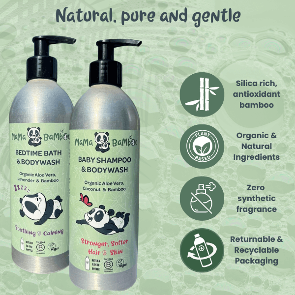 Two bottles of Mama Bamboo baby products on a green background with product features listed.