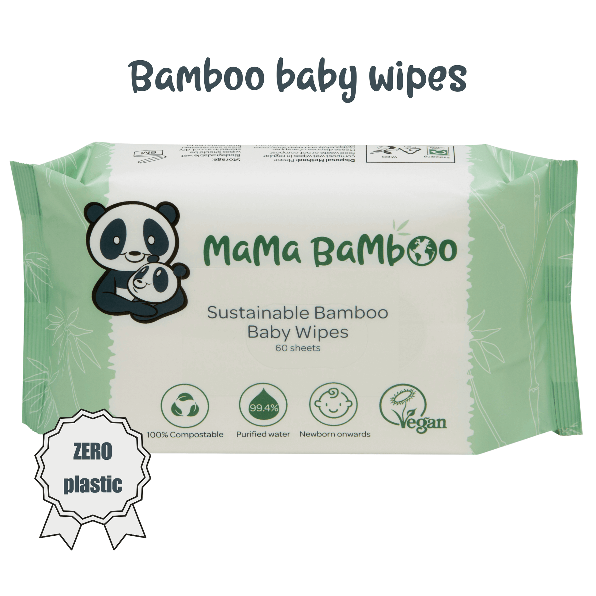 Mama Bamboo sustainable bamboo baby wipes packaging with panda design on a white background