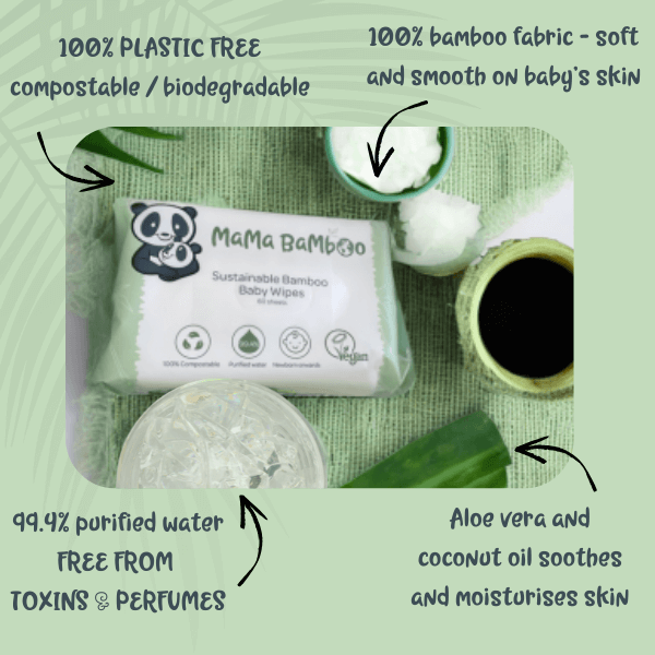 Mama Bamboo baby wipes packaging with product details on a green background