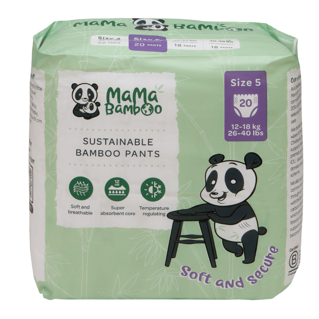 Pack of Mama Bamboo sustainable bamboo pants with panda illustrations on a white background