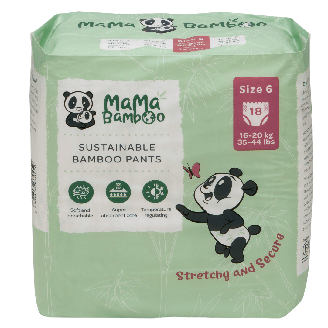 Pack of Mama Bamboo sustainable bamboo pants with panda illustrations on a white background