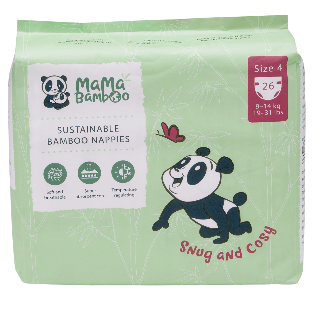 Pack of Mama Bamboo sustainable bamboo nappies with panda design on a green background
