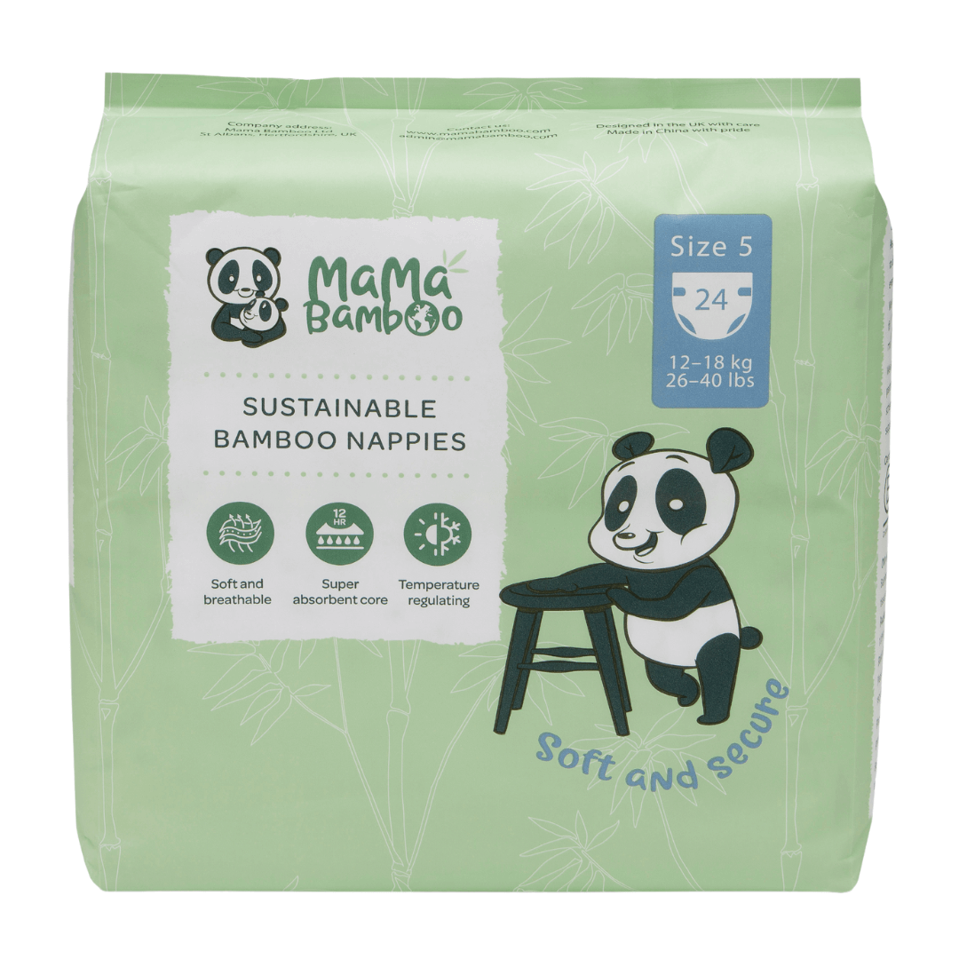 Mama Bamboo sustainable bamboo nappies package with panda design on a white background