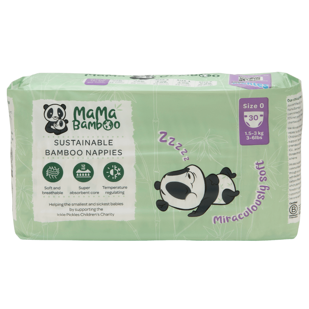 Pack of Mama Bamboo sustainable bamboo nappies with panda illustrations on a white background