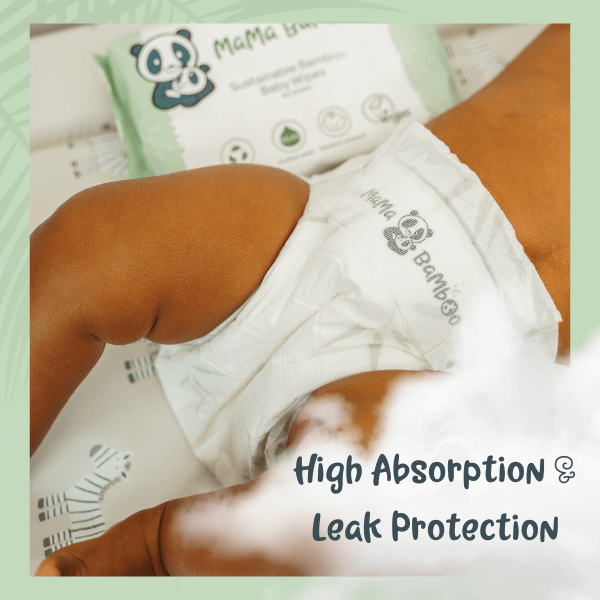 Baby wearing a diaper with 'Mama Bamboo' branding, emphasizing high absorption and leak protection.