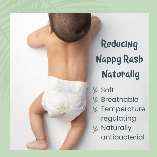 Baby wearing a diaper with text about reducing nappy rash naturally on a light green background