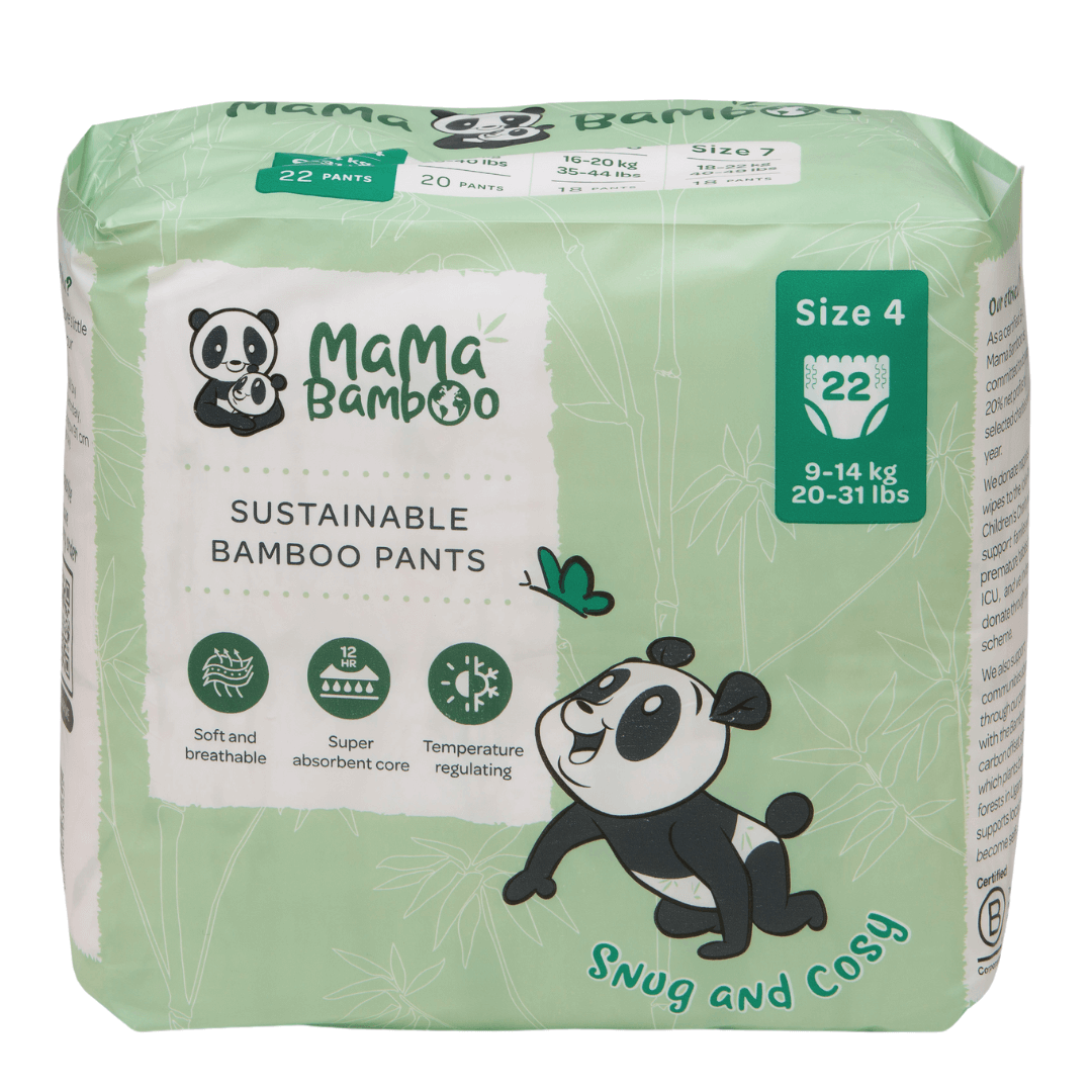 Pack of Mama Bamboo sustainable bamboo pants with panda illustrations on a white background