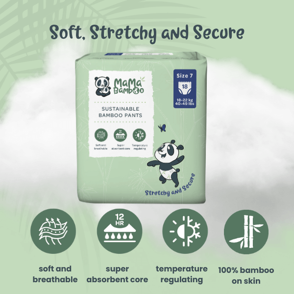 Pack of Mama Bambino sustainable bamboo pants with features listed on a green background