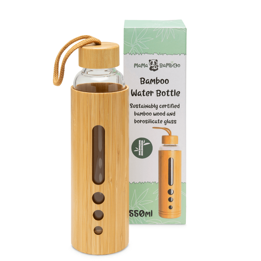 Bamboo water bottle with clear glass body and wooden cap, next to its packaging on a white background.