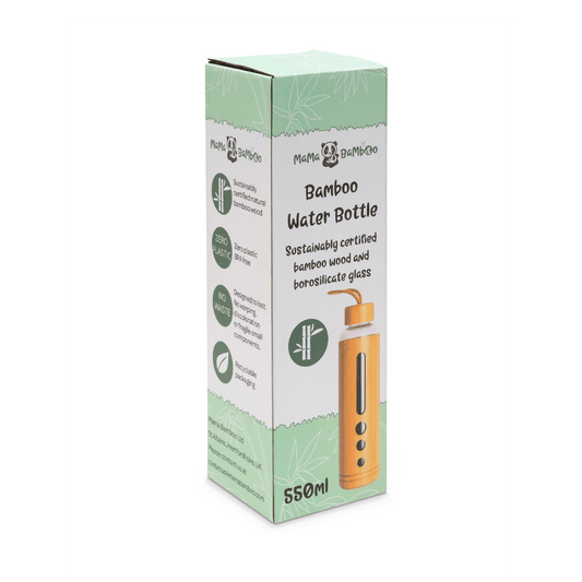 Box packaging of a bamboo water bottle with green and white design