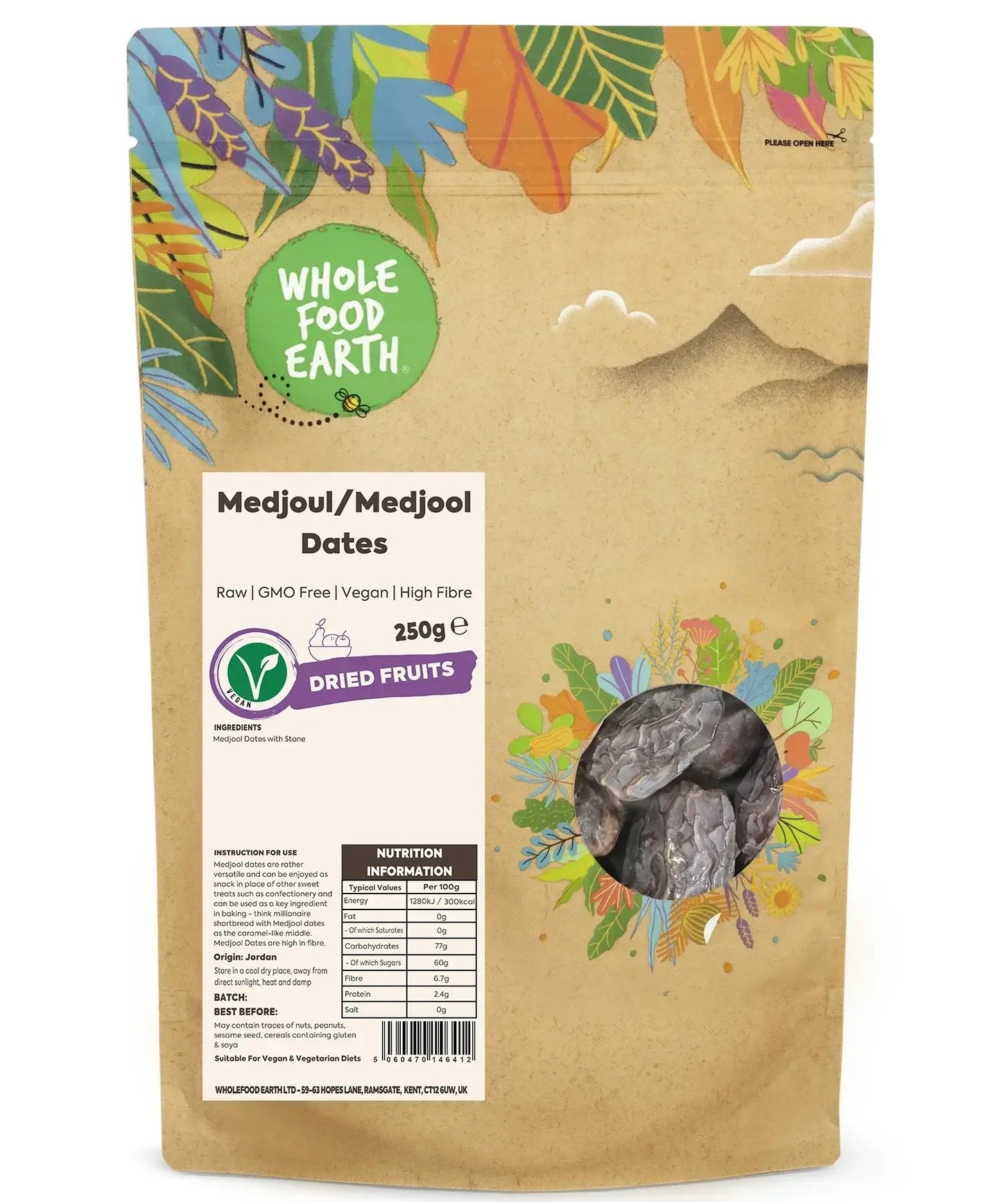 Medjoul Dates package from Whole Food Earth, eco-friendly online shop UK, Brighton and Hove, 250g dried fruits.