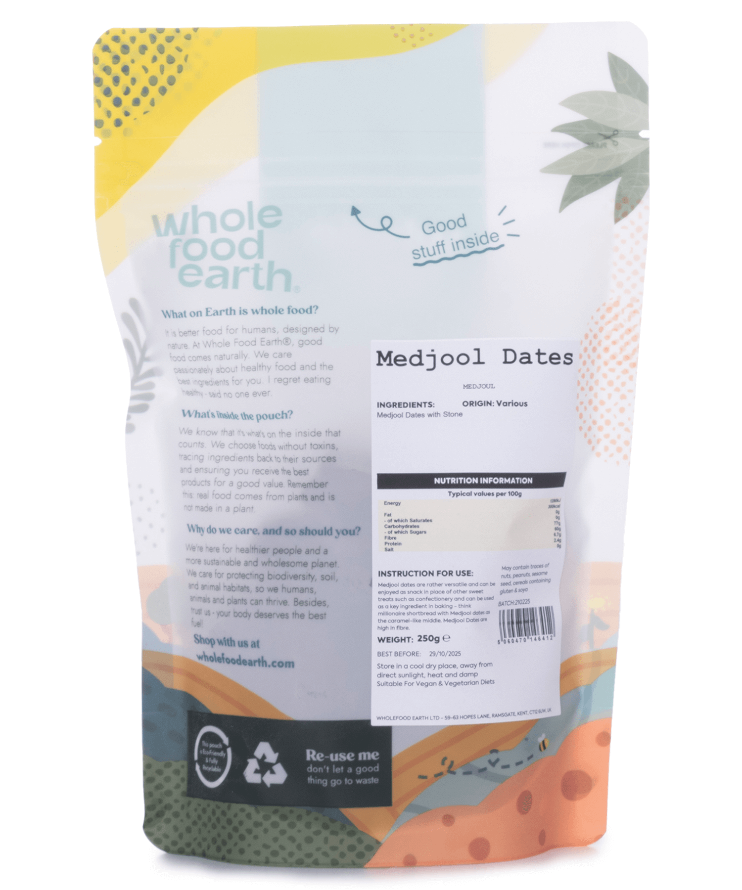 Medjoul Dates packaging showcasing ingredients and nutrition info from eco-friendly online shop UK in Brighton and Hove.