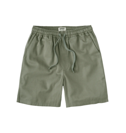 Men's Sandbar Drawstring Organic Cotton Shorts in olive green, featuring a comfortable drawstring waist and breathable fabric.