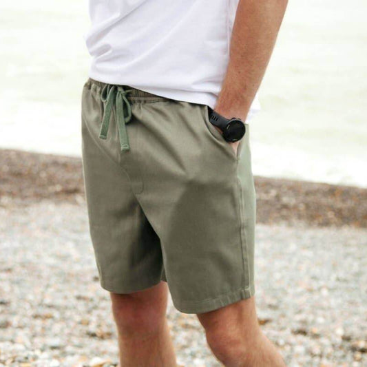 Men's Sandbar Drawstring Organic Cotton Shorts in olive green, perfect for beach outings and casual wear.