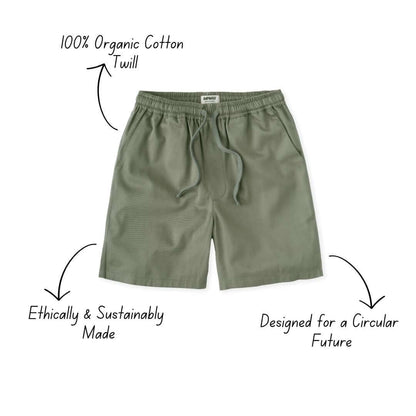 Product diagram of Rapanui Sandbar olive green drawstring shorts in 100% organic cotton twill
