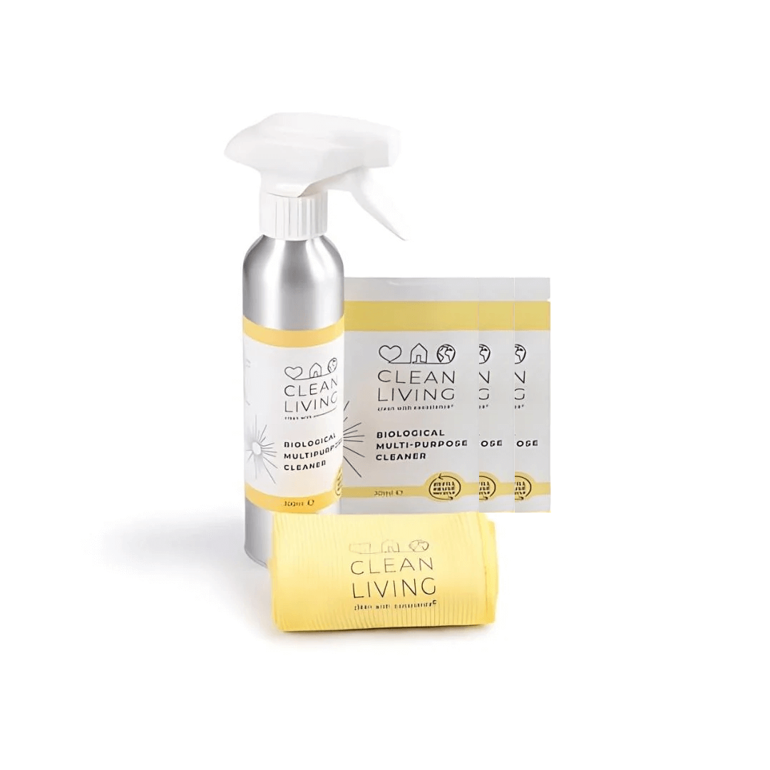 Probiotic Multi-Purpose Cleaner kit featuring aluminum bottle, microfibre cloth, and concentrate sachets.