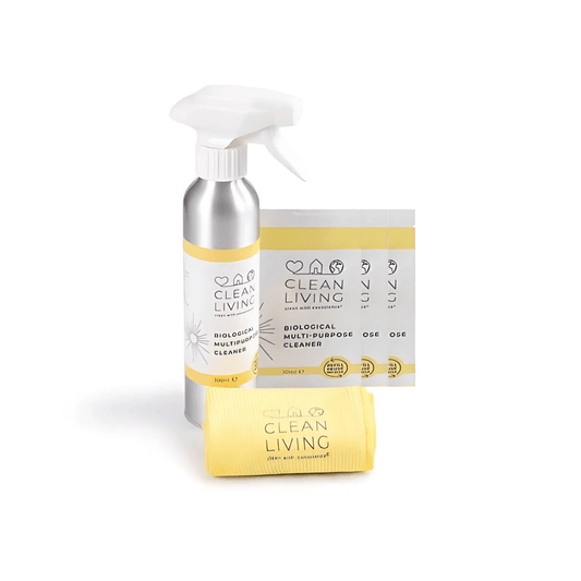 Probiotic Multi-Purpose Cleaner kit featuring aluminum bottle, microfibre cloth, and concentrate sachets.
