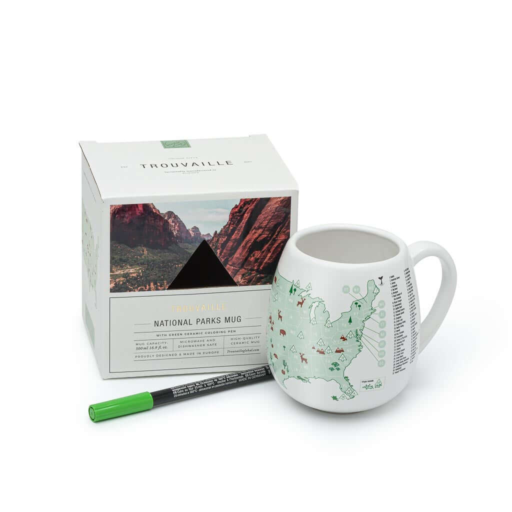 National Parks mug with map design andTrouvaille packaging on a white background