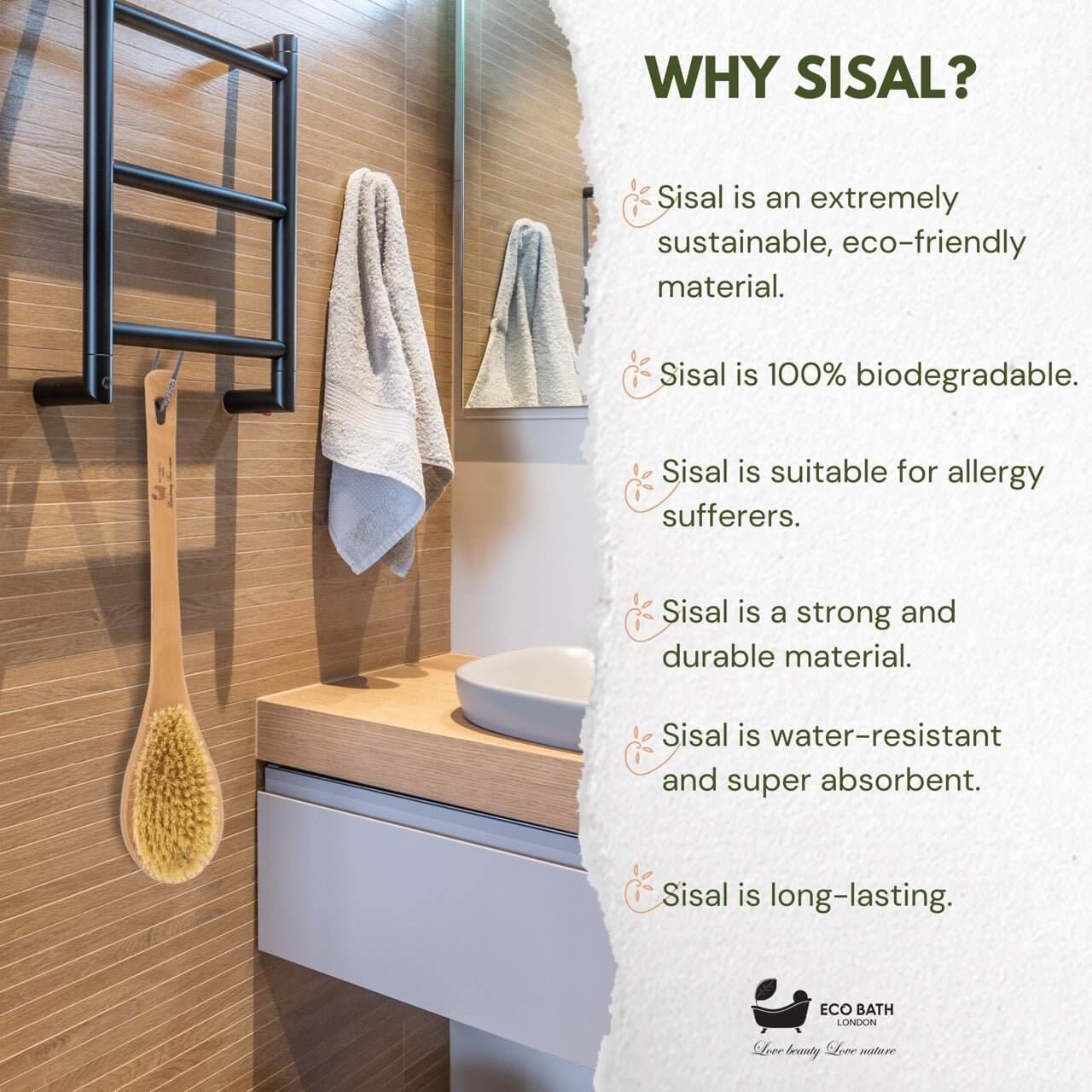 Bathroom setting with a sisal brush and towel, featuring text about the benefits of using sisal.
