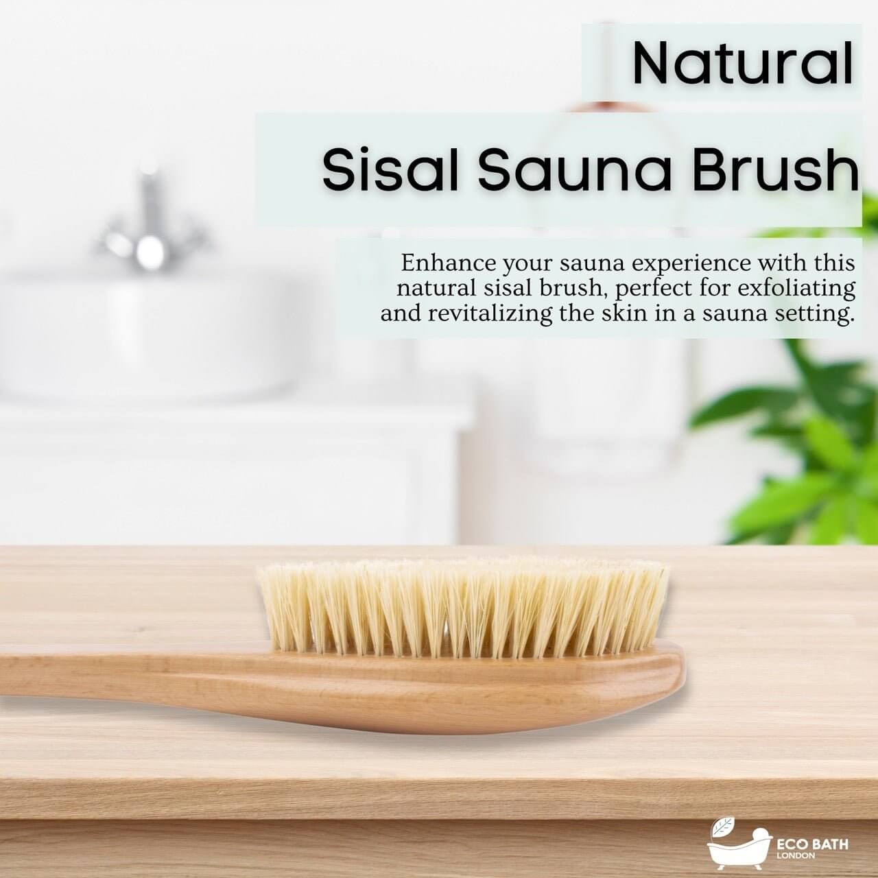 Natural sisal sauna brush on a wooden surface with text about its benefits.