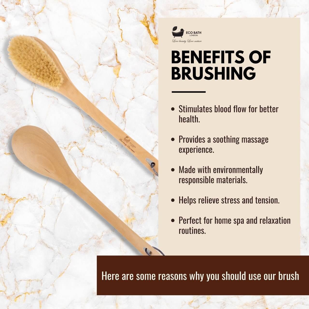 Two wooden brushes on a marble surface with text about the benefits of brushing.