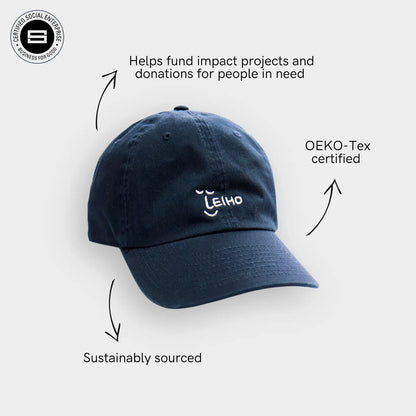 Leiho navy organic cotton baseball cap with notes on OEKO-Tex certification and sustainable sourcing