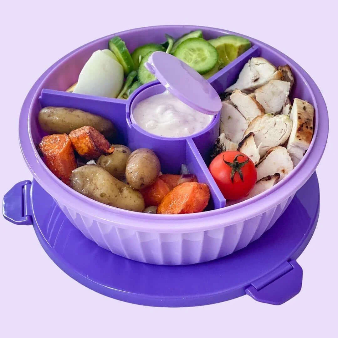 NEW! Yumbox Poke Bowl with 3 Compartment Divider - Various Colours filled with fresh vegetables and grilled chicken.