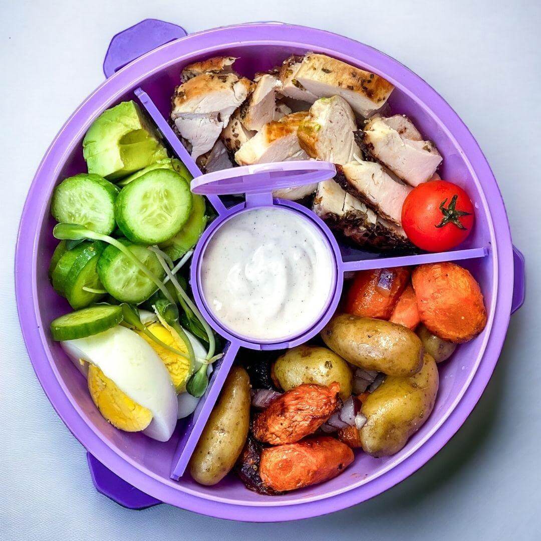 NEW! Yumbox Poke Bowl with 3 Compartment Divider - Various Colours filled with veggies, protein, and dressing.