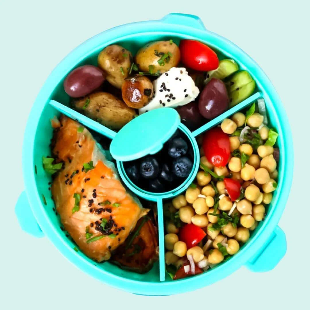 NEW! Yumbox Poke Bowl with 3 Compartment Divider - Various Colours filled with salmon, potatoes, olives, and toppings.