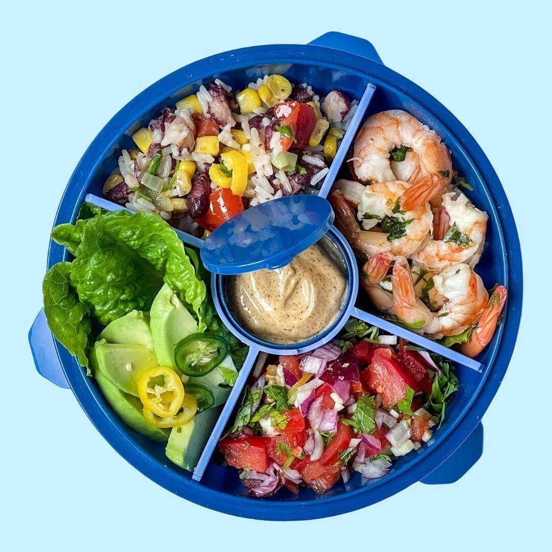NEW! Yumbox Poke Bowl with 4 Compartment Divider - Various Colours filled with shrimp, veggies, and dressing.
