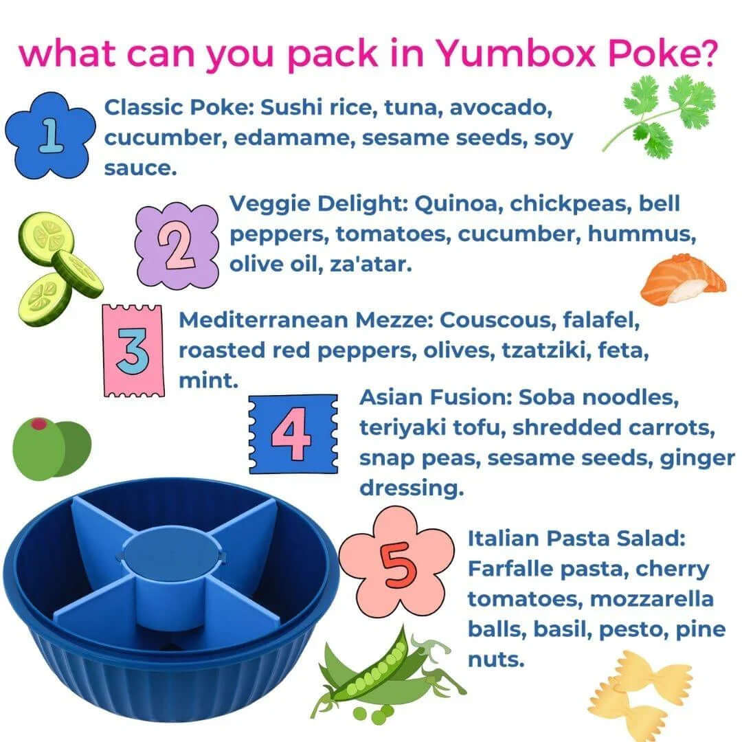 NEW! Yumbox Poke Bowl with 4 Compartment Divider - Various Colours filled with ingredient ideas, eco-friendly design.
